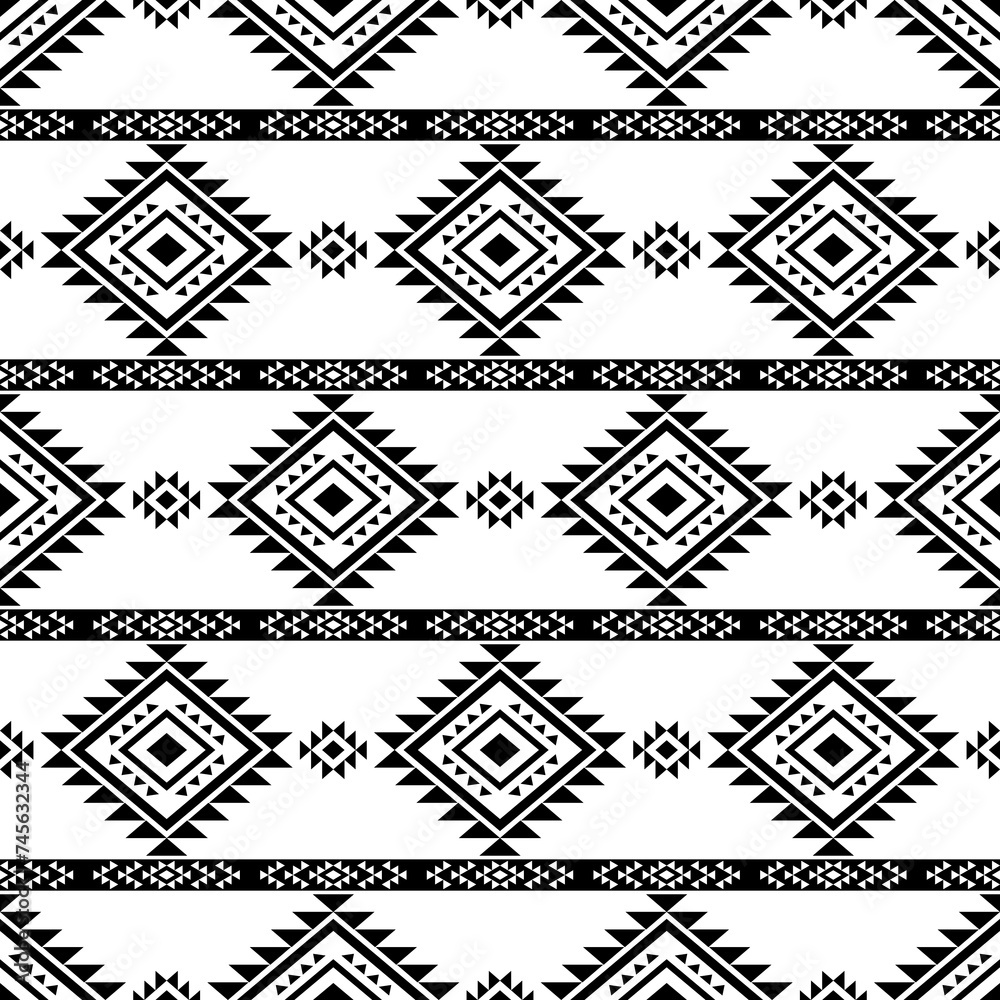 Fototapeta premium Navajo southwest geometric seamless pattern fabric black and white design for textile printing