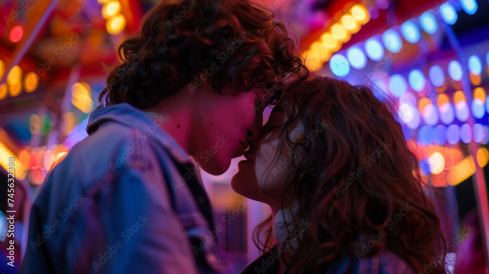 A young couple kissing passionately at night.