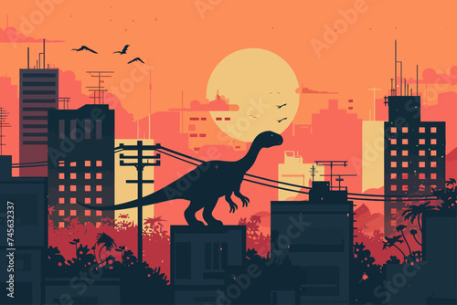 Dinosaur in Town Flat Design Illustration