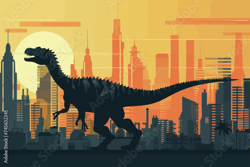 Dinosaur in Town Flat Design Illustration