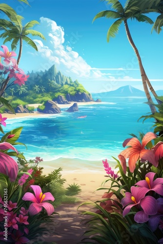 beach background with coconut tree and beach wooden bed on sand with beautiful blue sea and cloudy sky,Image for summer fun party travel concept.