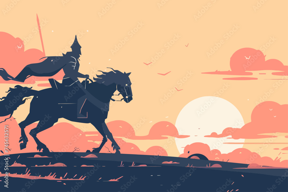 Naklejka premium Silhouette Ottoman Knight Riding Horse Flat design