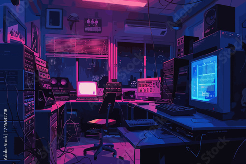 Office Room with Computer Violet Color Illustration