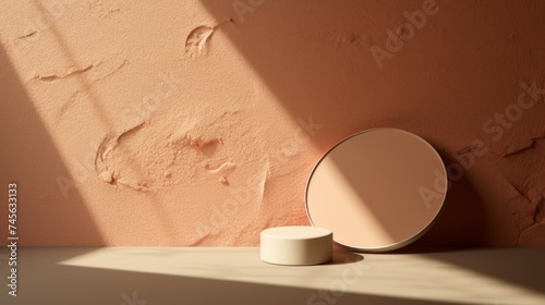 Cosmetics  A mirror near a Plastered Beige wall in the Sunlight with Shadows. Background For The Presentation Of Foundation  Cream  Powder and Blush For the Face.