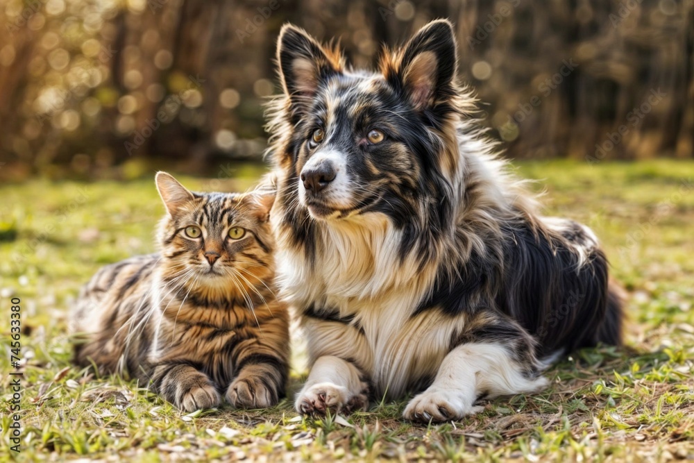 A cat and a dog are lying on the grass. A cat and a dog are lying on the grass.