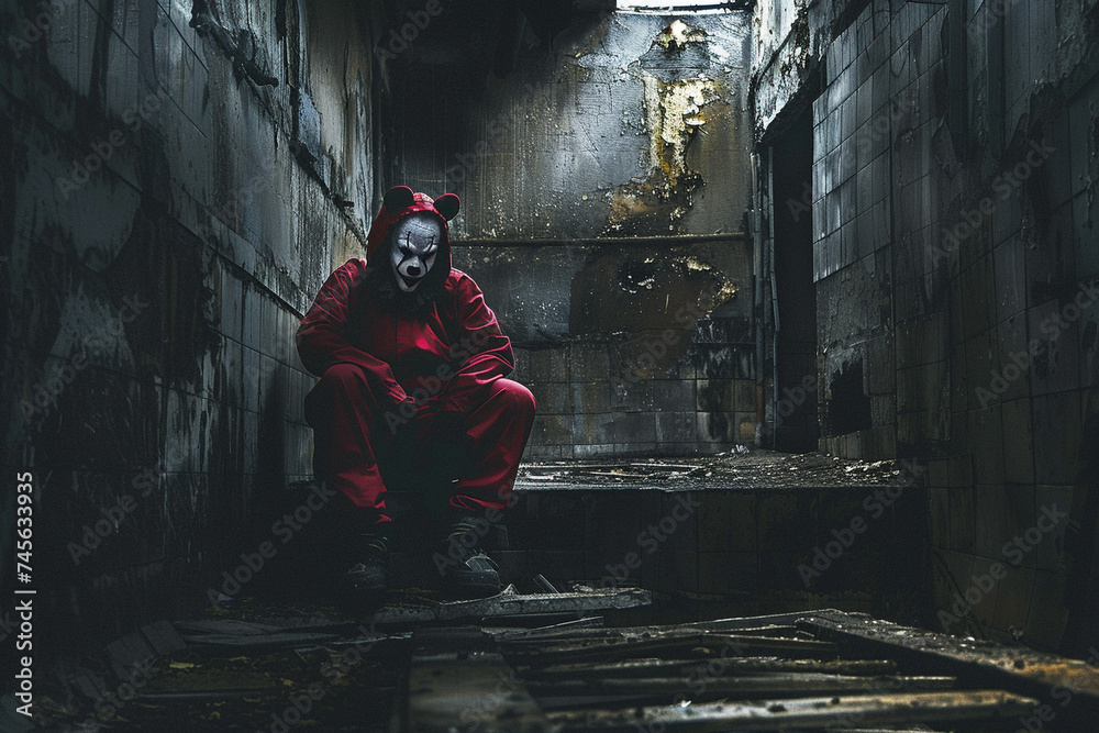 Create a chilling scene featuring a menacing clown in a dark and eerie setting Create a chilling scene featuring a menacing clown in a dark and eerie setting