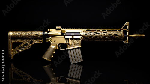 a gold rifle with a black background