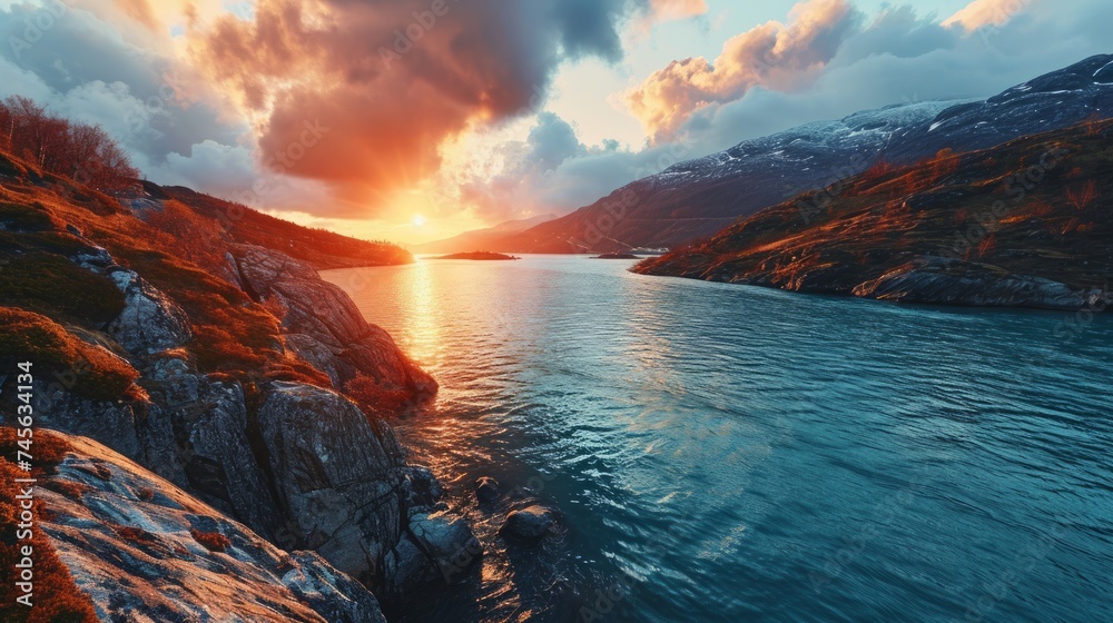 Generative AI Dramatic fjord vistas, drone's altitude, sun setting, serene coastal beauty, high-definition sunset tableau in Norwegian fjords - obrazy, fototapety, plakaty 