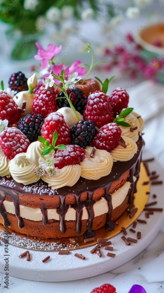 An exquisite chocolate cake adorned with fresh raspberries, blackberries, and decorative cream, set against a floral backdrop.