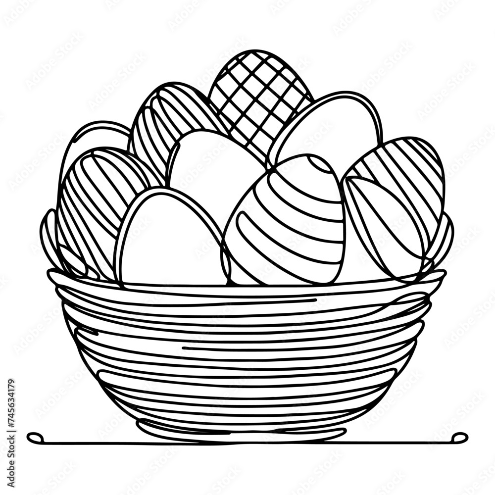 One continuous hand drawing black line basket easter eggs doodle decorated with Many different design for easter egg outline style vector One continuous hand drawing black line basket easter eggs doodle decorated with Many different design for easter egg outline style vector