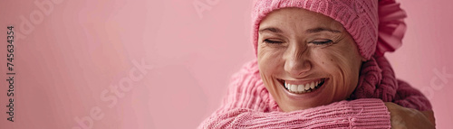 Woman with breast cancer embracing a happy face photo