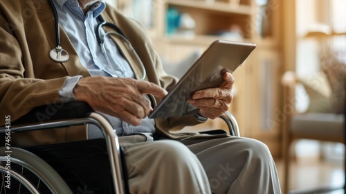 "Digital Healthcare: An elderly man on a wheelchair browsing a tablet, possibly learning about health or contacting family, merging technology and healthcare."