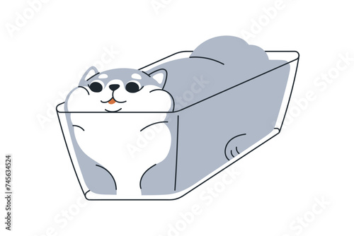 Cute funny cat lying inside glass container. Amusing adorable feline animal relaxing in dish. Comic fool kawaii fat chubby liquid kitty. Fun flat vector illustration isolated on white background