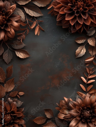 Textured black background with copper flowers and leaves, Vintage copper flowers and leaves on a grunge black background, Copper and black dahlia flowers and leaves, Copy space for text
