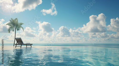 a bench in a pool with a body of water and clouds in the sky