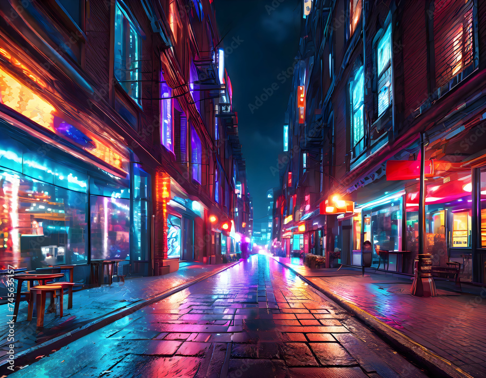 A city street illuminated by vibrant neon lights, showcasing the bustling nightlife on digital art concept.