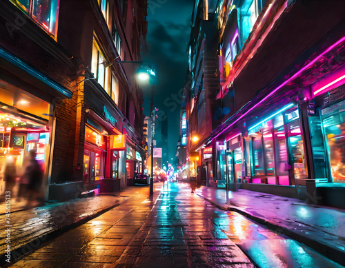 A city street illuminated by vibrant neon lights, showcasing the bustling nightlife on digital art concept. © Watercolor_Concept