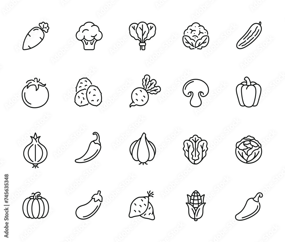 Vegetables line icon set isolated on transparent background Stock ...
