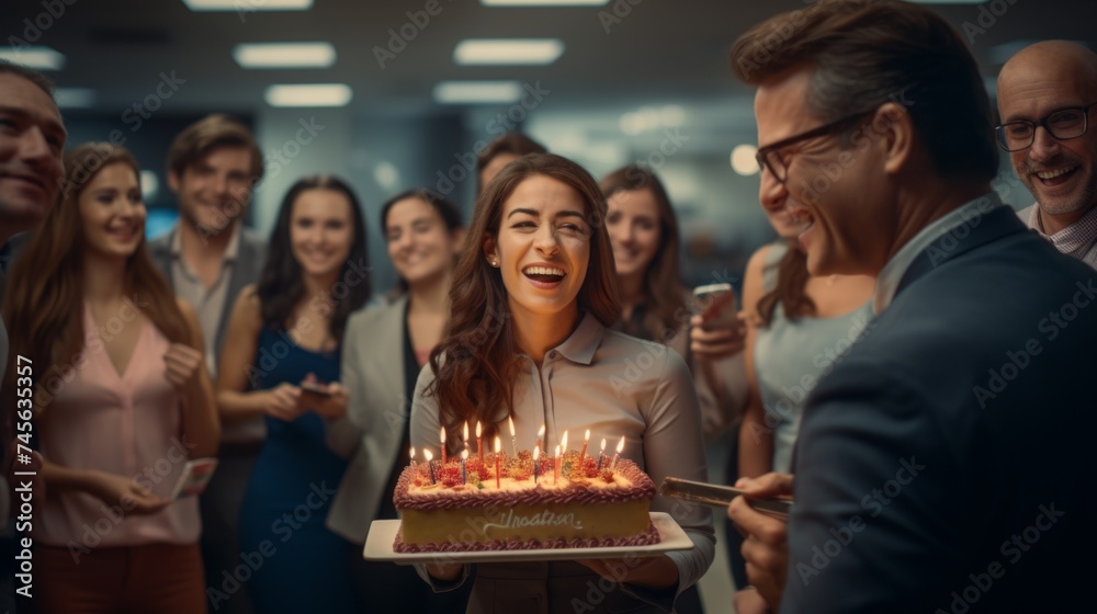 Generative AI Employee blowing out candles on a birthday cake surrounded by colleagues, laughter, and smiles during the office celebration Generative AI Employee blowing out candles on a birthday cake surrounded by colleagues, laughter, and smiles during the office celebration