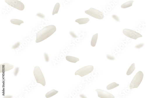 Konstfotografi Falling Rice isolated on white background, selective focus