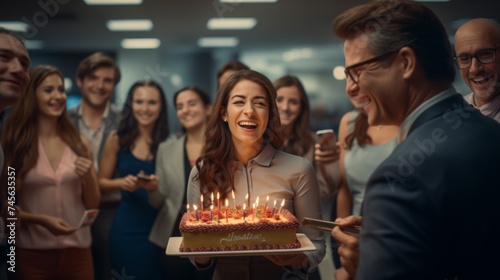 Generative AI Employee blowing out candles on a birthday cake surrounded by colleagues  laughter  and smiles during the office celebration