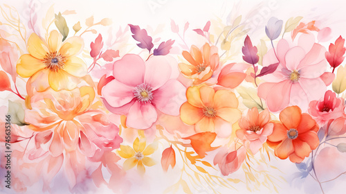Beautiful watercolor background with pastel flowers and leaves, warm colors. Spring concepr photo