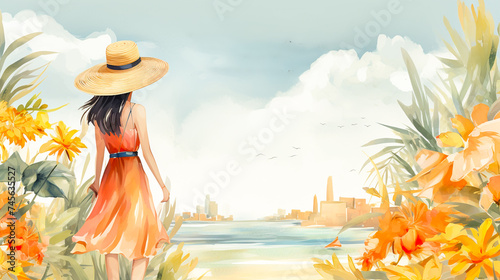 Watercolor illustration A beautiful girl in a dress and hat on the seashore among beautiful orange flowers, rear view, generative AI.  © Olga