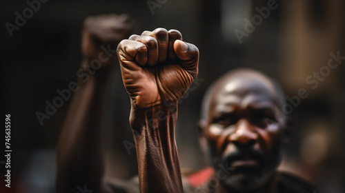 a man holding up his fist