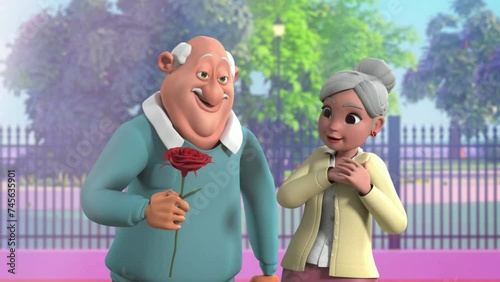 3d animation of an old couple cartoon characters.
