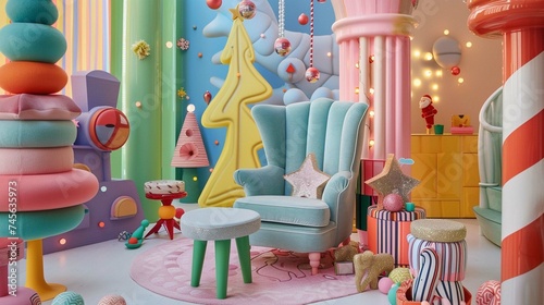 A whimsical Christmas wonderland, bursting with pastel hues and playful toys, invites you to sink into a colorful chair.

