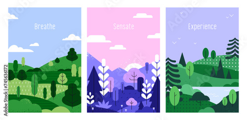 Nature cards set. Summer landscape, postcard backgrounds. Countryside environment posters, forest, trees, grass, plants, hills, mountain, sky. Creative flat vector illustrations in modern style © Good Studio