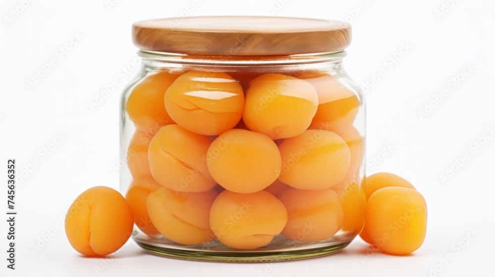 Glass jar filled with sweet, golden apricots, close-up realistic photo against a white background Generative AI Glass jar filled with sweet, golden apricots, close-up realistic photo against a white background Generative AI