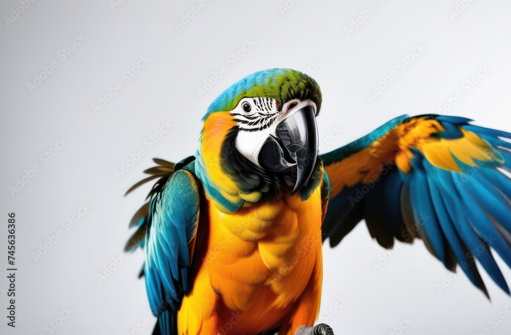 Fototapeta premium Blue and yellow macaw parrot with a raised wing on a light background.