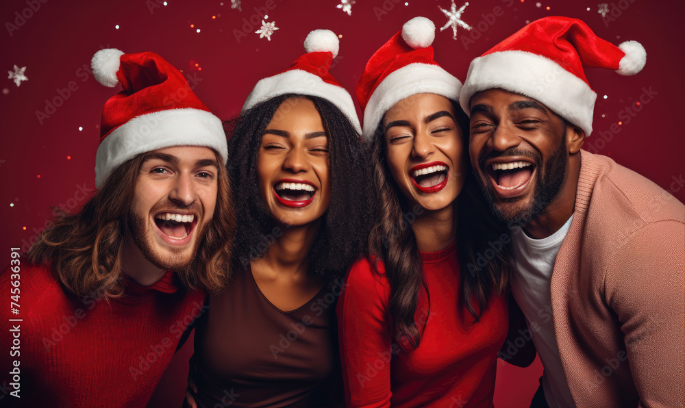 Multicultural group of happy young people on New Year or Christmas party, wearing red santa hats, smiling on red  studio backgrounds