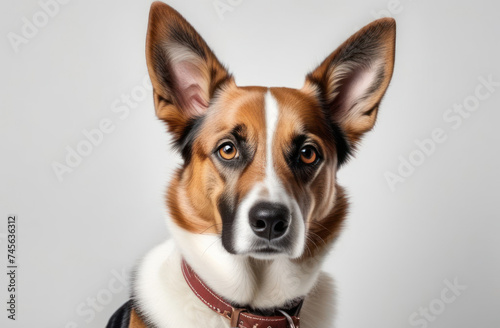 Portrait of a smooth-haired dog in a collar on a light background.