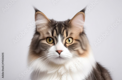 Fluffy tabby cat on a white background.