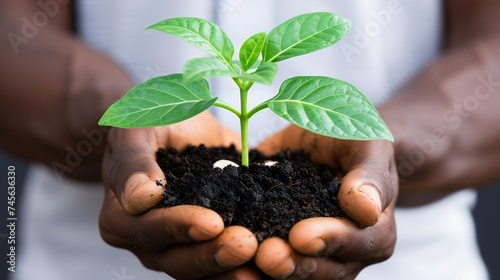 a person holding a plant in dirt photo