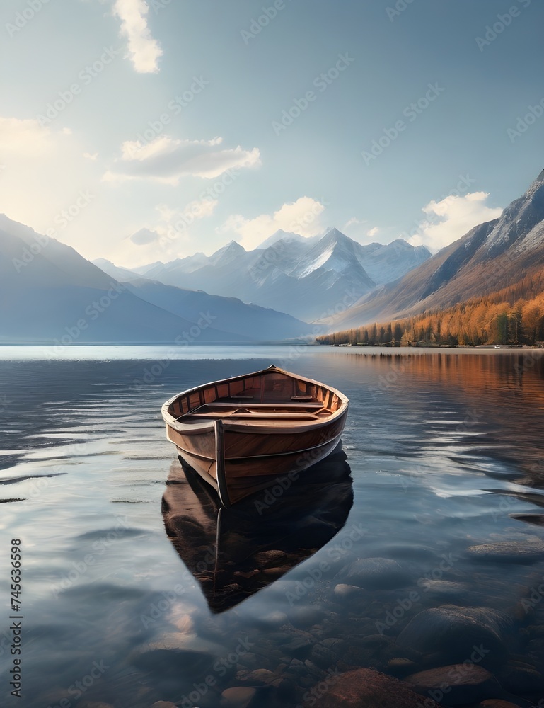 A boat on a lake with mountains in the background Generative AI