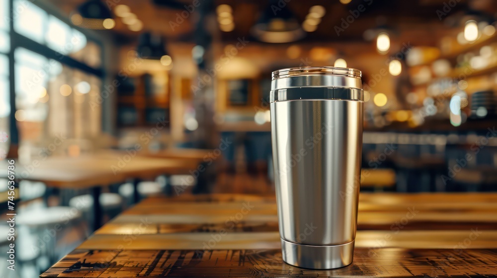 stainless steel tumbler positioned on a wooden table for promotional purposes and mock up