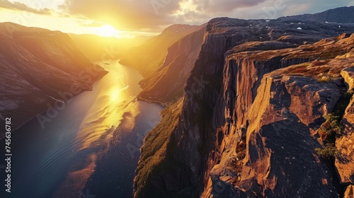 Generative AI conic fjord landscapes, drone's perspective, golden hour tones, rugged cliffs, photorealistic sunset over Norwegian fjords