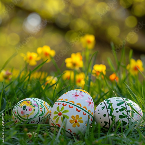 Painted Easter eggs nestled in bright green grass with yellow spring flowers blooming in the background.