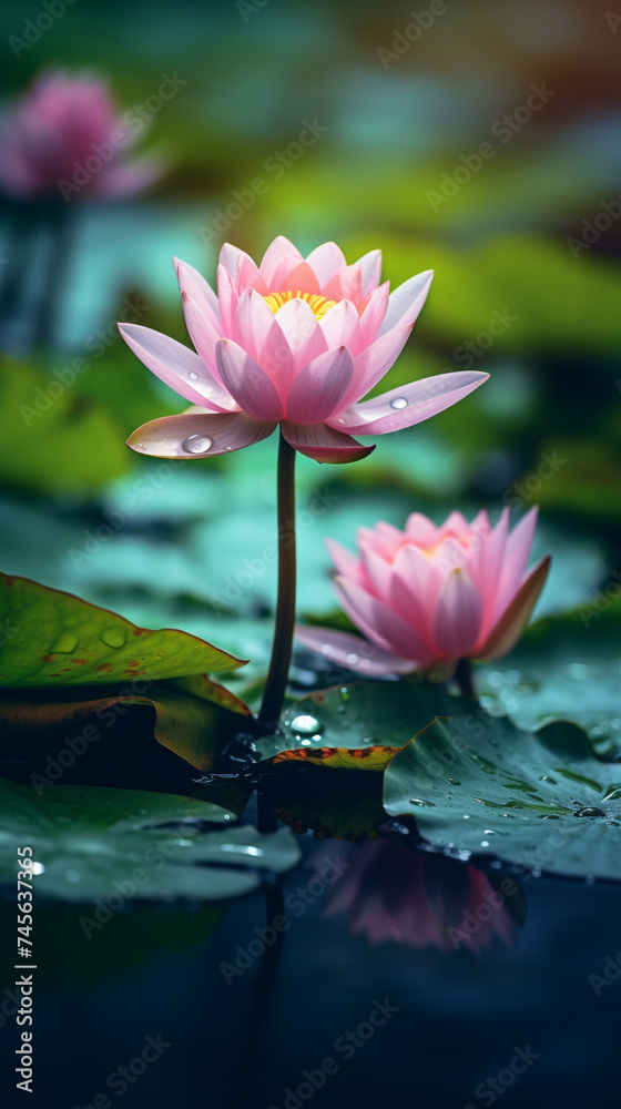 Colorful butterfly beauty plant water hibiscus red tropical frangipani spa stones Beautiful pink water lily flower made rose water splashed light emanating floating macro Photography Generative Ai