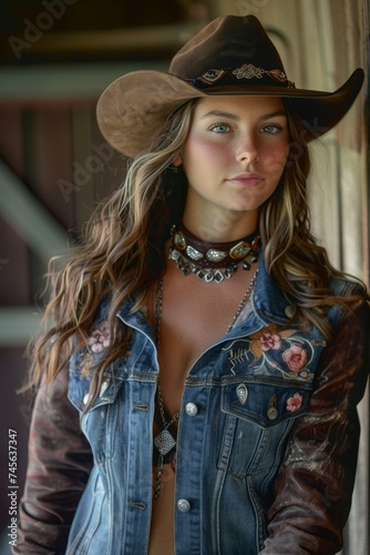 Beautiful Modern Cowgirl Background - Country Woman in the Badass Raw Though Love Soaked Honky Tonk Queen Wallpaper created with Generative AI Technology