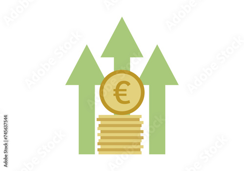 Moneda de euro con flechas de crecimiento.