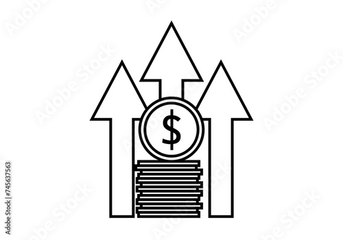Moneda de dólar con flechas de crecimiento.
