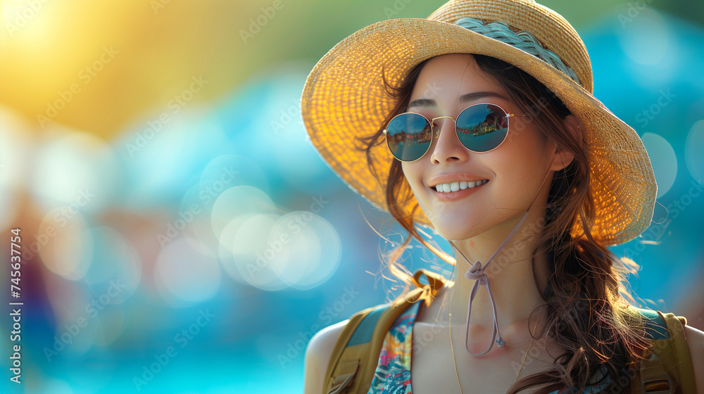 Fototapeta premium Happy young Asian tourist woman wearing beach hat, sunglasses and backpacks going to travel on holidays on blue background.