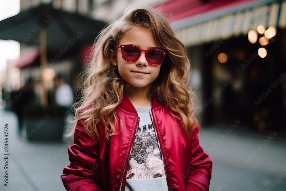 Portrait of a beautiful little girl in red jacket and red sunglasses