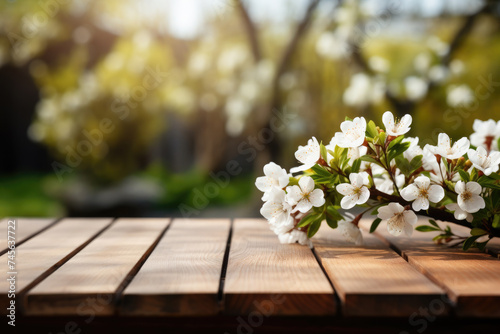 Empty wooden table for product demonstration and presentation against the backdrop of spring blooming branches. Banner. Copy space. Mock up