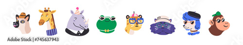 Cute animal characters, funny head portraits set. Modern cool sassy avatars. Happy funky fashion stylish giraffe, frog, cat, dog, monkey faces. Flat vector illustrations isolated on white background photo
