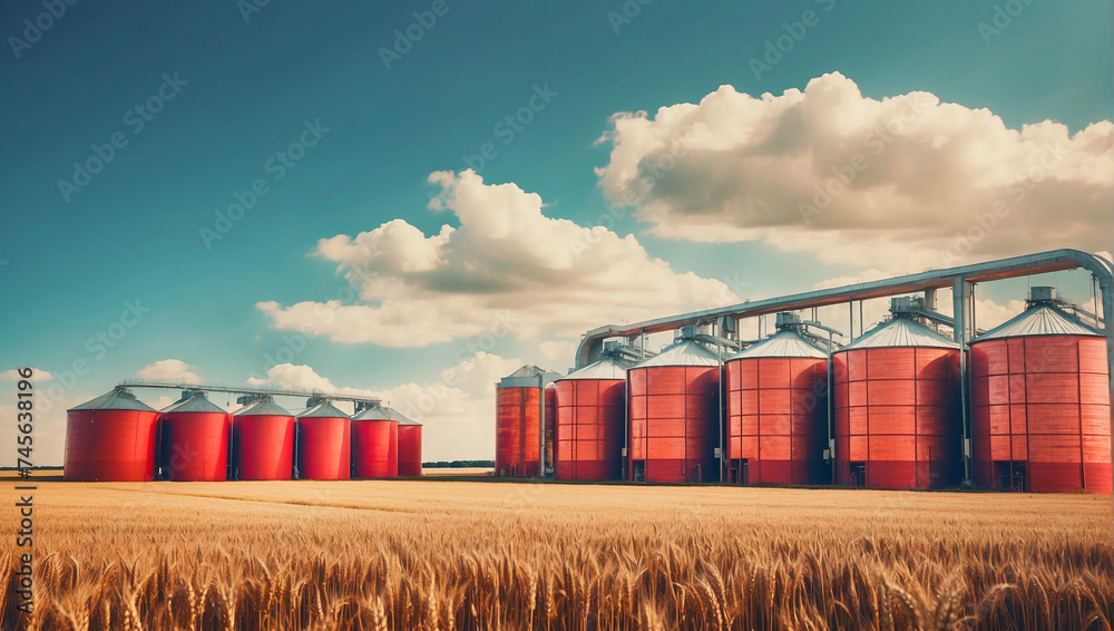 Silos in a wheat field Storage of agricultural product - obrazy, fototapety, plakaty 